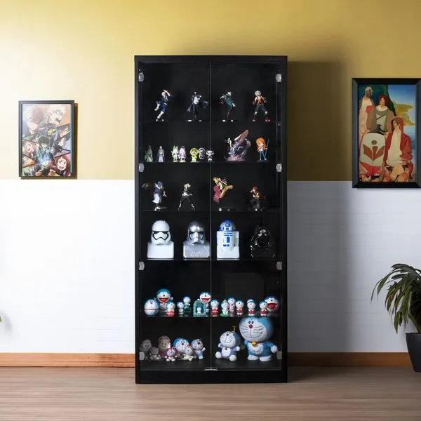 Figure model display cabinet with adjustable shelves & LED lights.