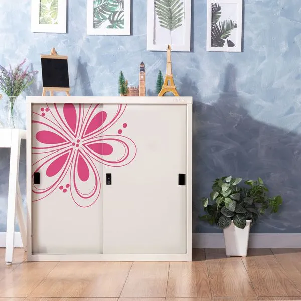 Sliding door cabinet with graphic