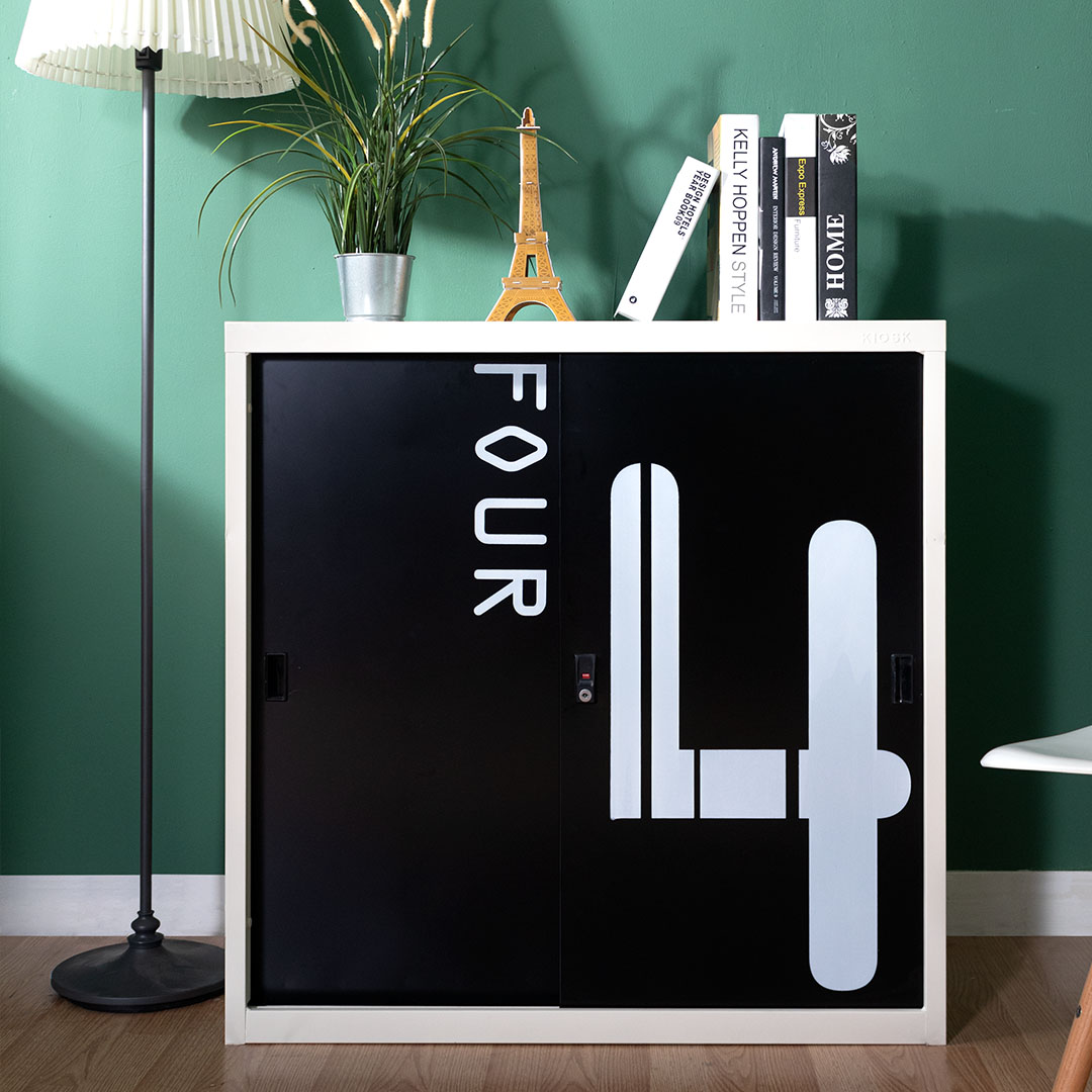 Sliding door cabinet with graphic